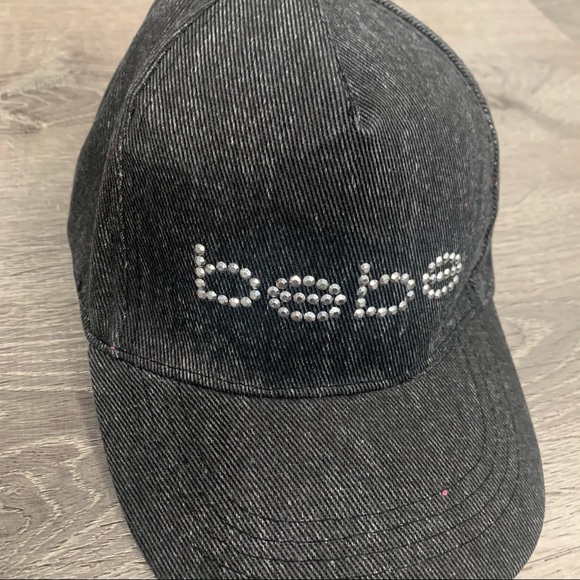 BEBE Sport Rhinestone Logo Baseball Hat/OS/NWT Cap Black Washed Denim Fabric - Picture 2 of 6